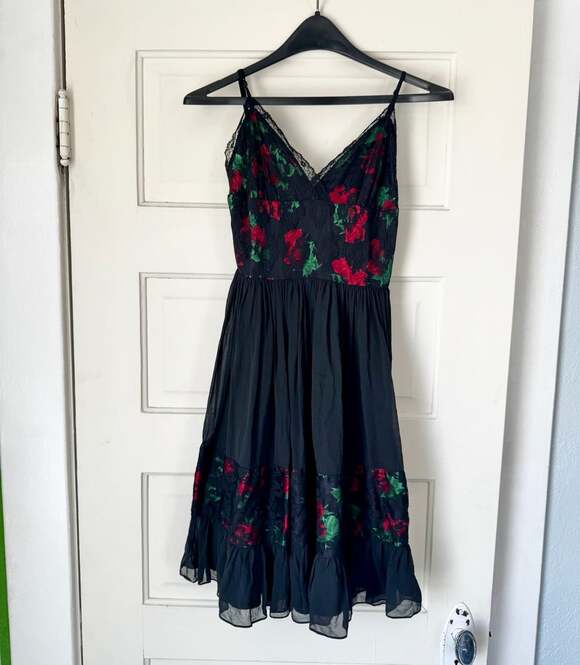 Betsey Johnson Dresses & Skirts - Vintage 90s Betsey Johnson Evening Slip Silk Lace Roses Dress Black & Red 0